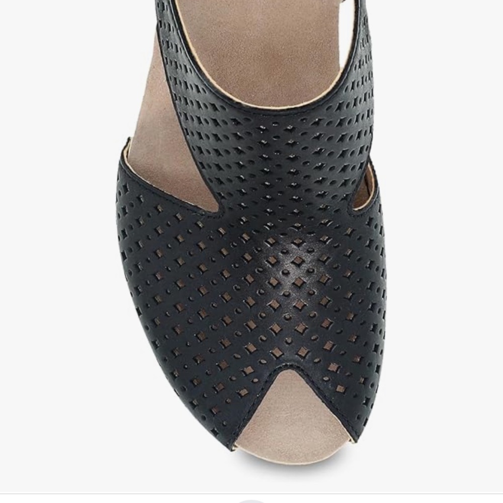 Dansko Black Laser Cut Peep Toe Sandals - Picture 2 of 7